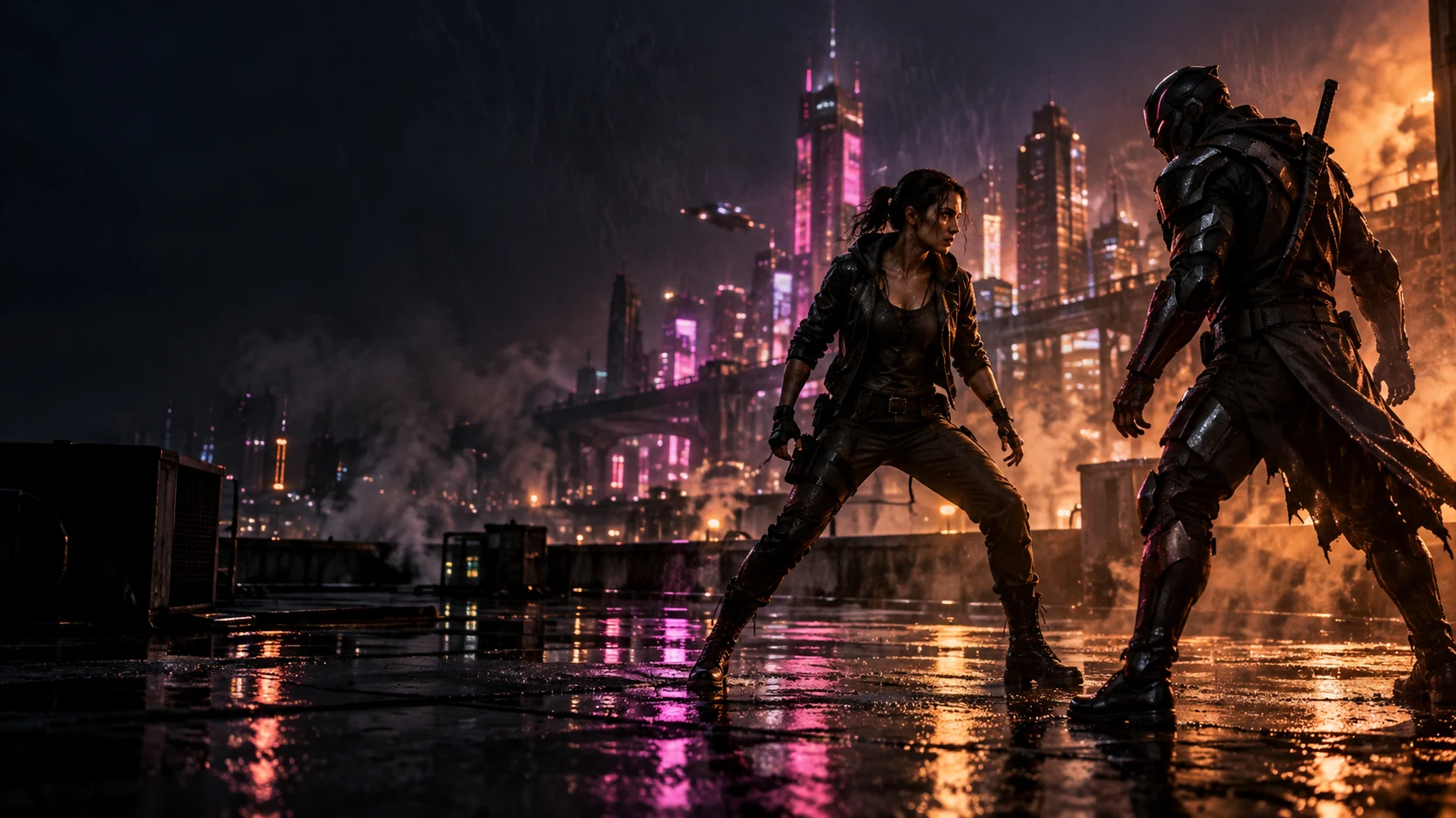 Two fictional fighters face off on a neon rooftop in the rain