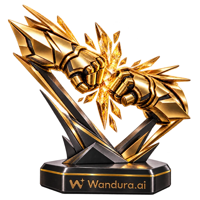Gold Action Showdown trophy with Wandura.ai logo engraved into its metal pedestal